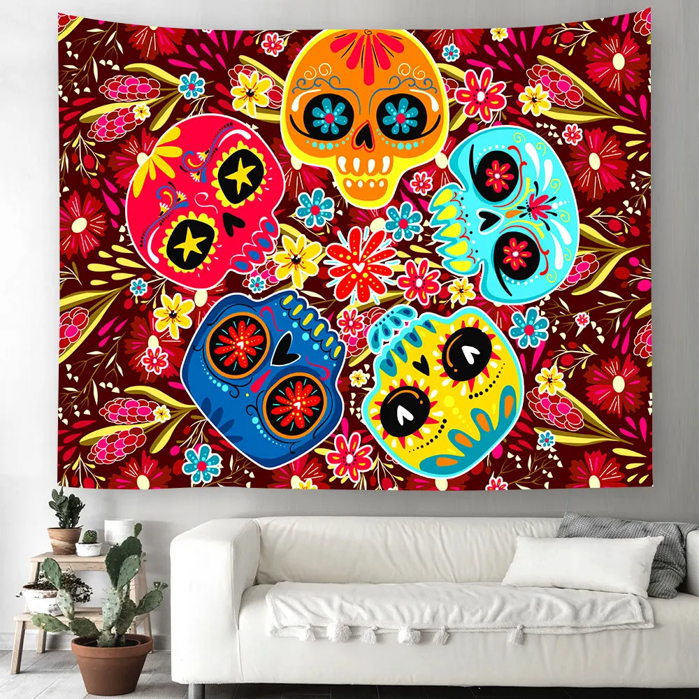 

Mexican Day of The Dead Tapestry Fantastic Skull Cartoon Bohemian for Room Bedroom Art Decor Wall Hanging Psychedelic Decoration