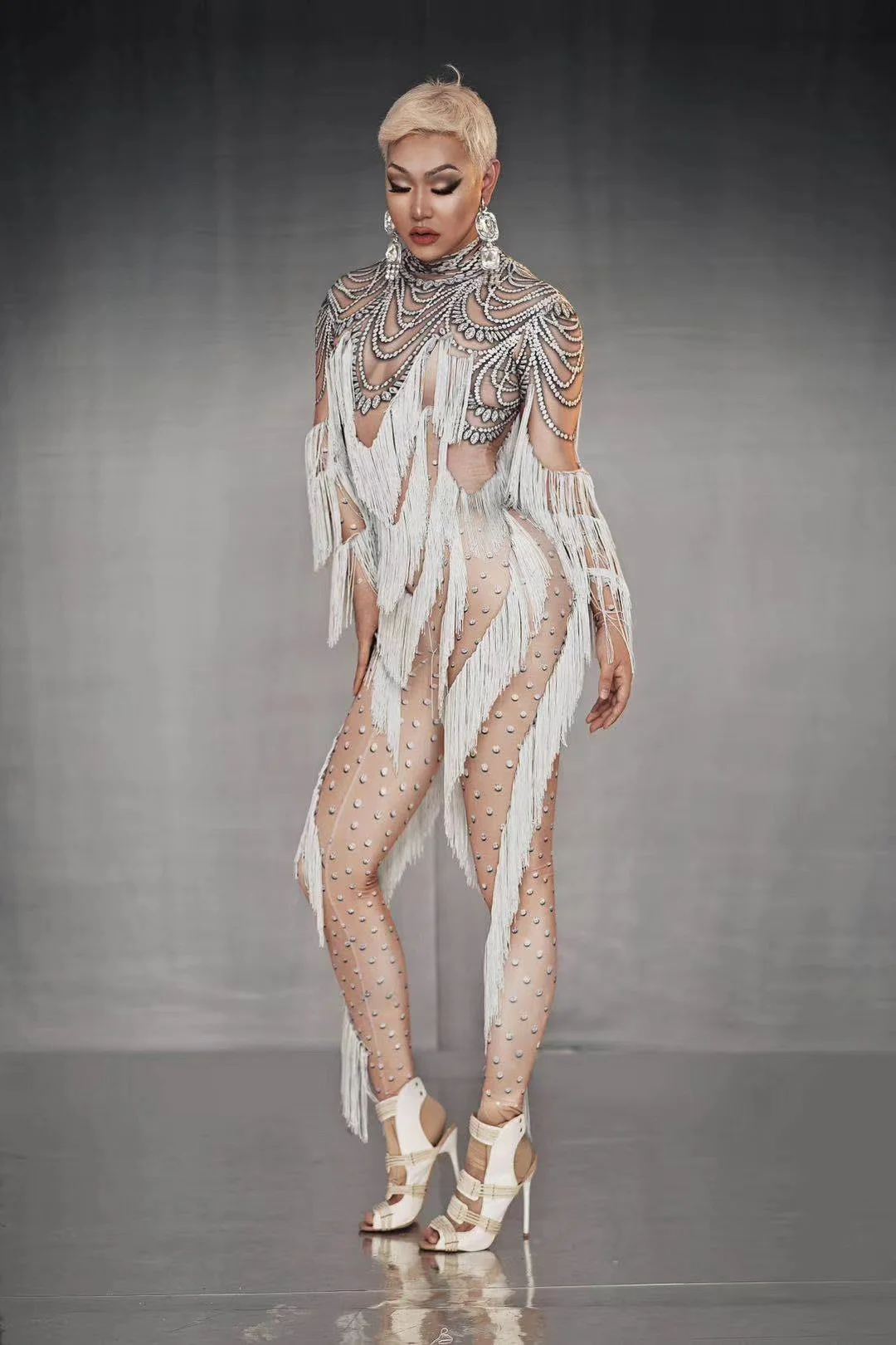 

Long Sleeves White Printing Tassel Sexy Nude Jumpsuits For Women Drag Queen Party Clothing Stage Singer Costume Pole Dance Wear