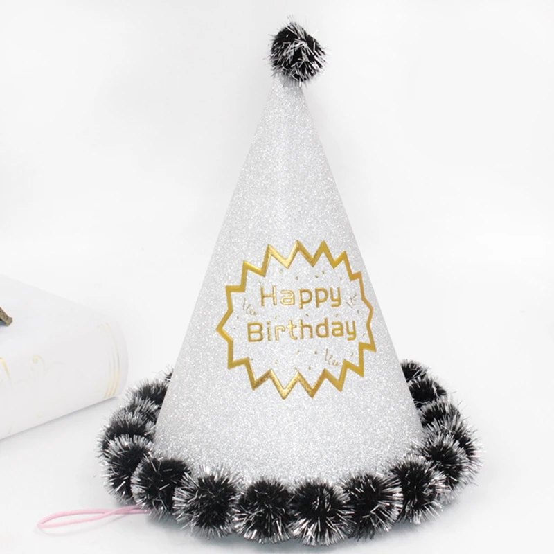 Adults Teenager Kids Birthday Party Hat with Pompoms Cartoon Cone Boys Girls Headgear for Festival Decoration Paper Bithday Caps