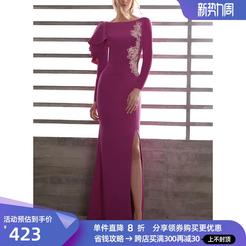 

Fall New Elegant Celebrity Style Slim Fit Embroidered Split Long Dress Ruffled Dress