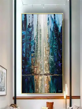 Dipinti ad olio astratti dipinti a mano su tela Giallo Bianco Blu Oro Strutturato Wall Art con accenti in lamina per la decorazione domestica