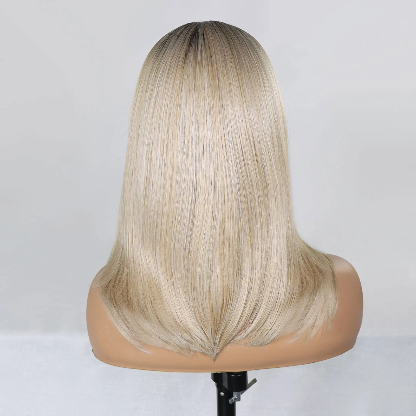Ash Blonde Bob Synthetic Lace Front Wig Dark Roots Short Straight Colored Blonde for Women Daily Use Synthetic Wig