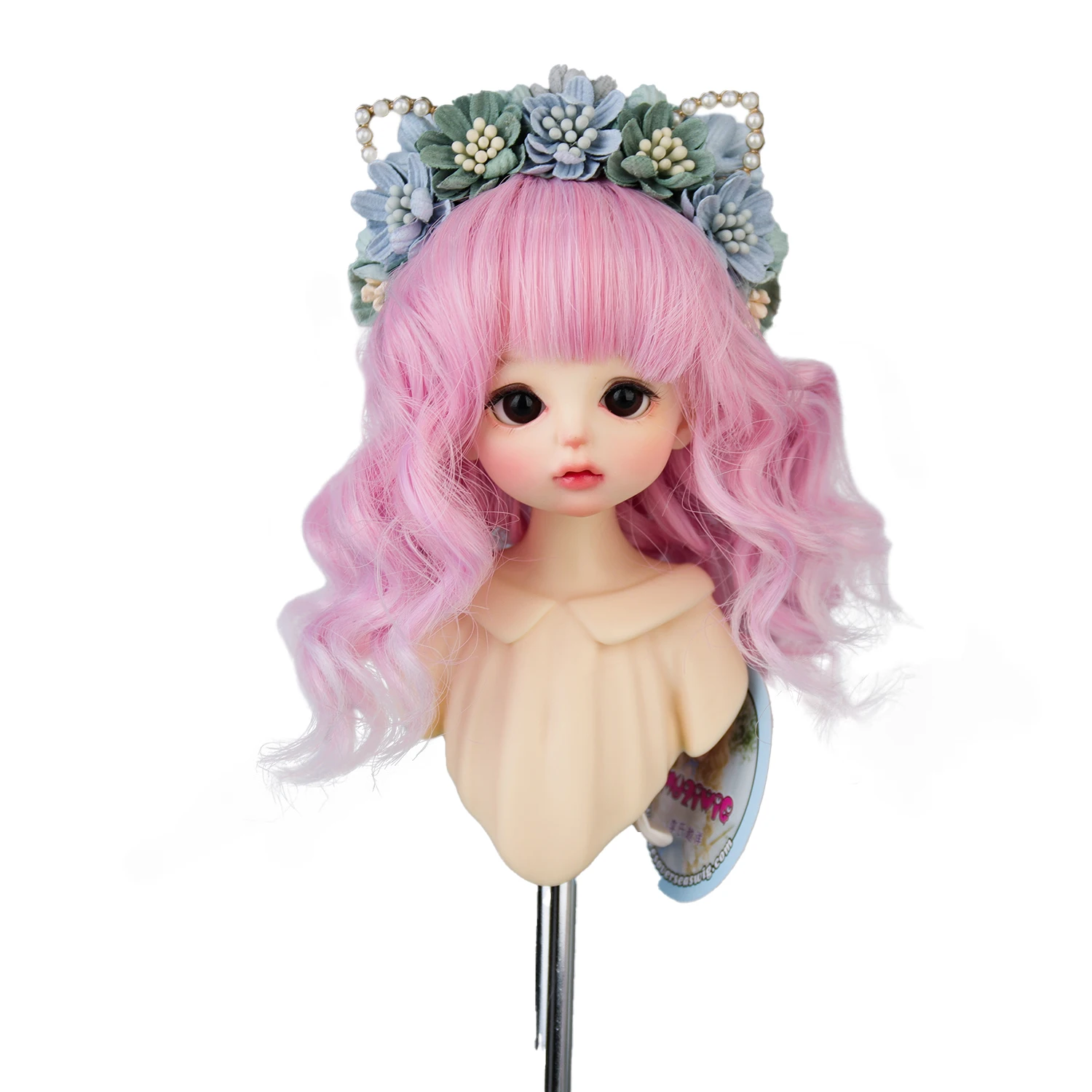 MUZIWIG 1/6 BJD Doll Hair Wig Middle Length Bangs Curly Hair DIY Dolls Accessories Gradient Pink Wavy Wig For DIY BJD Doll 6''