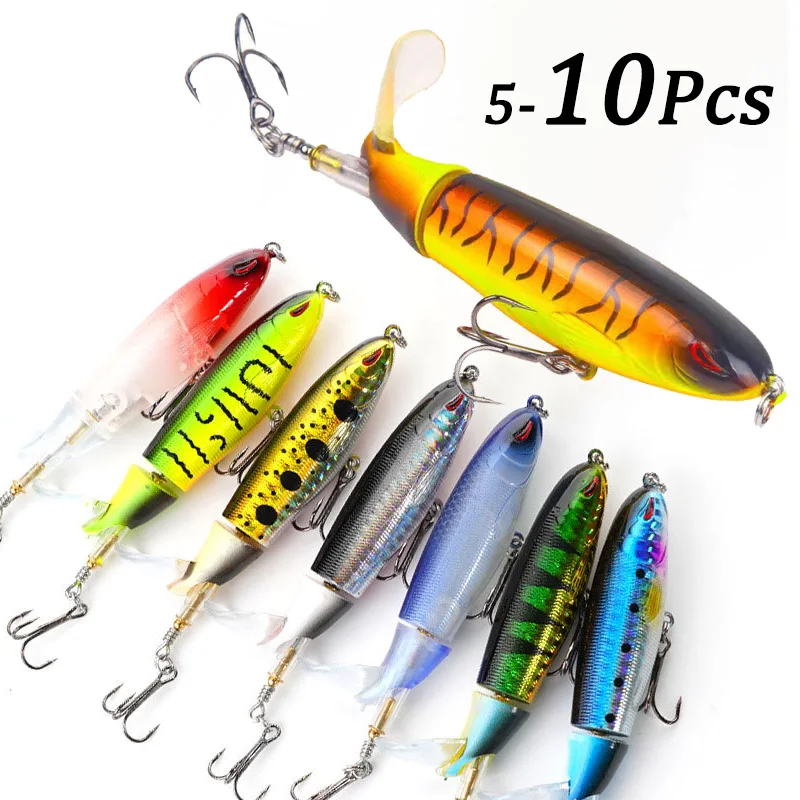 Enhanced Popper Fishing Lure Set - Topwater Rotating Wobblers with Tail Action | Premium Hard Bait Accessories | Set of 5/10
