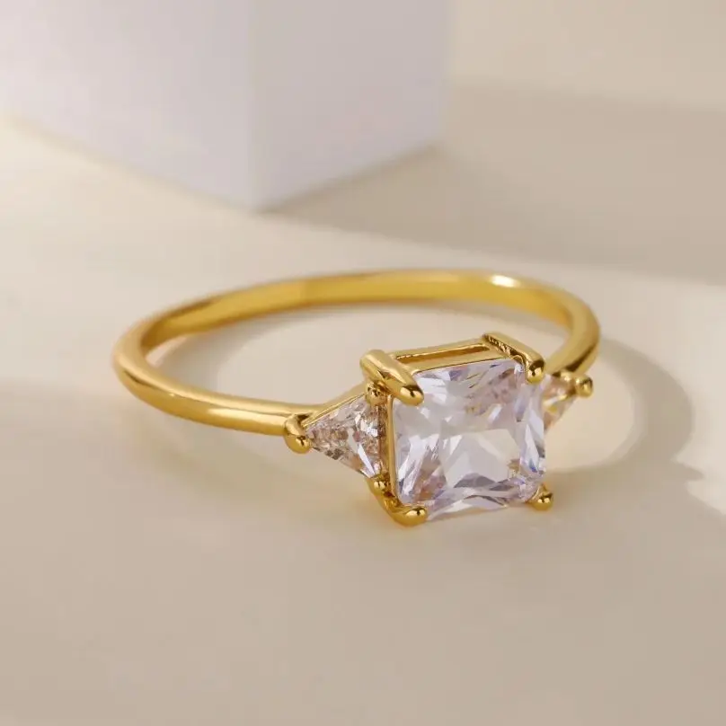 Zircon Square Ring for Women 18K Gold Plated Stainless Steel Crystal