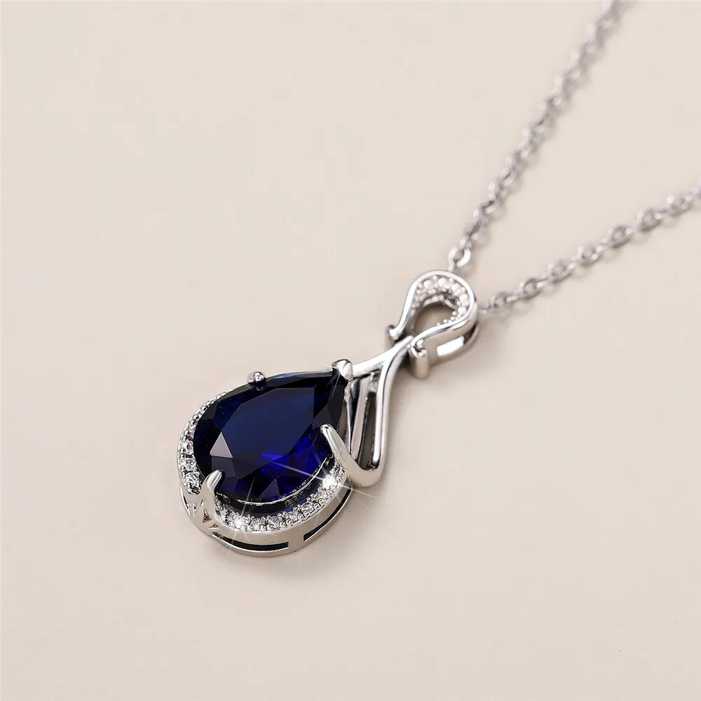 HuitanPearShapeBlueCubicZirconiaWomenNecklaceFullBlingIced