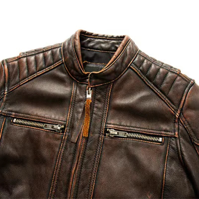 Cowhide Genuine Leather Jacket Men's Fashion Retro Old Collar Biker Jacket Spring And Autumn