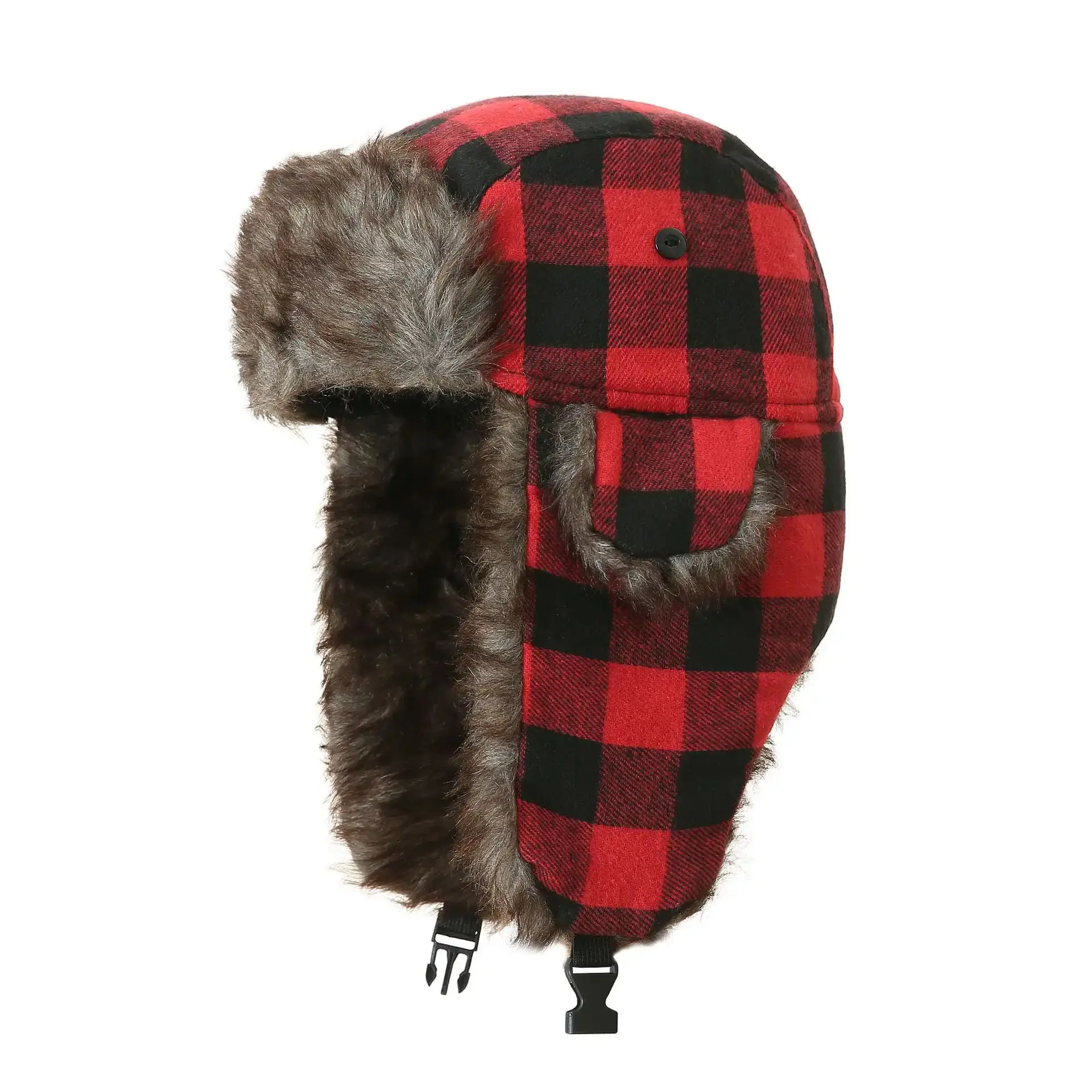 Winter Plaid Aviator Trapper Hat Fleeced Fur Faux Trooper Ear Flap Bomber Skiing Cap