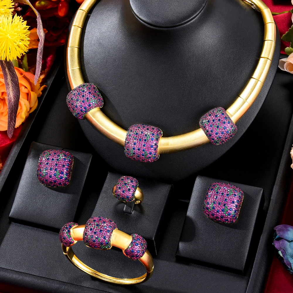 

GODKI Original DUBAI 4pcs Jewelry Sets Necklace Bangle Ring Earrings Luxury Gougeous Splicing Set For Women Wedding Party