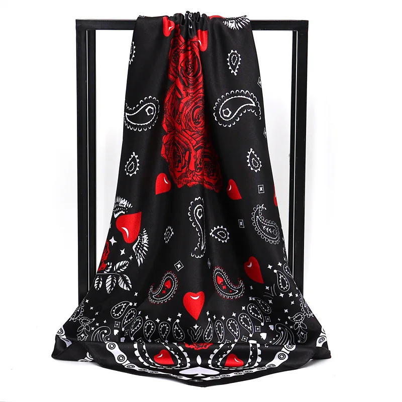 Women Fashion Square Scarf Rose Flower Paisley Shawl Hijab Faux Silk Kerchief Bandana 90*90cm