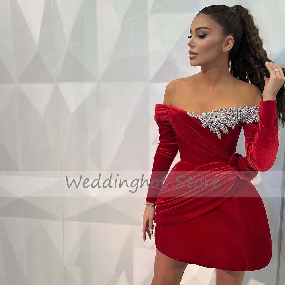 Red Velvet Cocktail Dress cocktail dress Mini Off the Shoulder Long Sleeves Gown Short Sparkle Crystal A Line Sexy Birthday Party