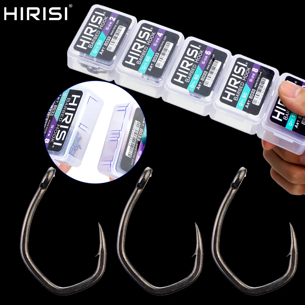 Hameçon de pêche micro barbelé Hirisi 8033 en acier inoxydable carbone, 50 pièces avec œil et