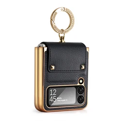 Luxurious Purple PU Leather Case with Finger Ring and Front Screen Protector - Galaxy Z Flip5 (Black)