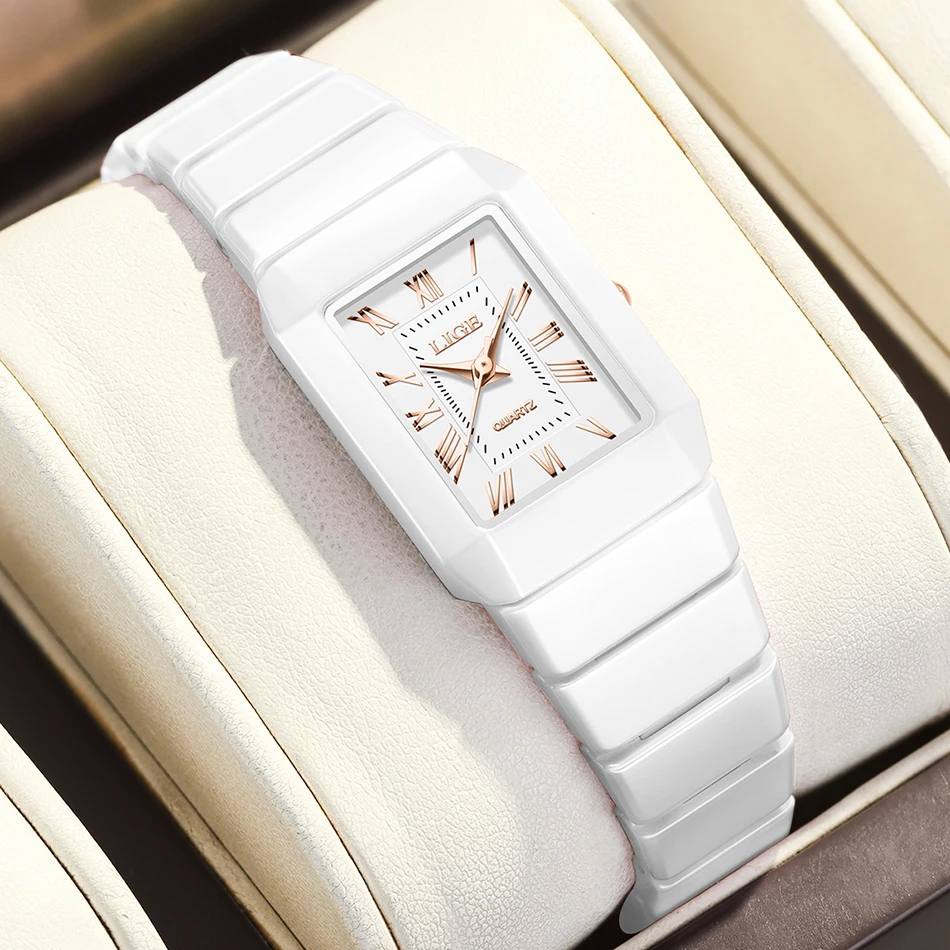 LIGE Creative Square Watch Women Fashion Waterproof Ladies Quartz Watch Casual Sport Ceramic Bracelet Wrist Watches For Women