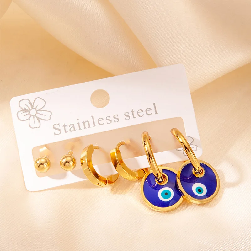 Chic Stylish Trendy 18K Gold Plated Stainless Steel Blue Turkish Eyes Earrings Jewelry 3Pair/Set Earrings For Women 5
