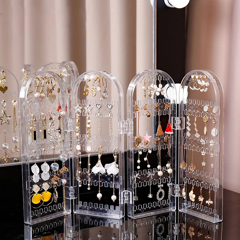 

2/3/4 Fans Panels Screen Folding Clear Earrings Studs Display Rack Necklace Jewelry Shelf Stand Holder Organizer Storage Box