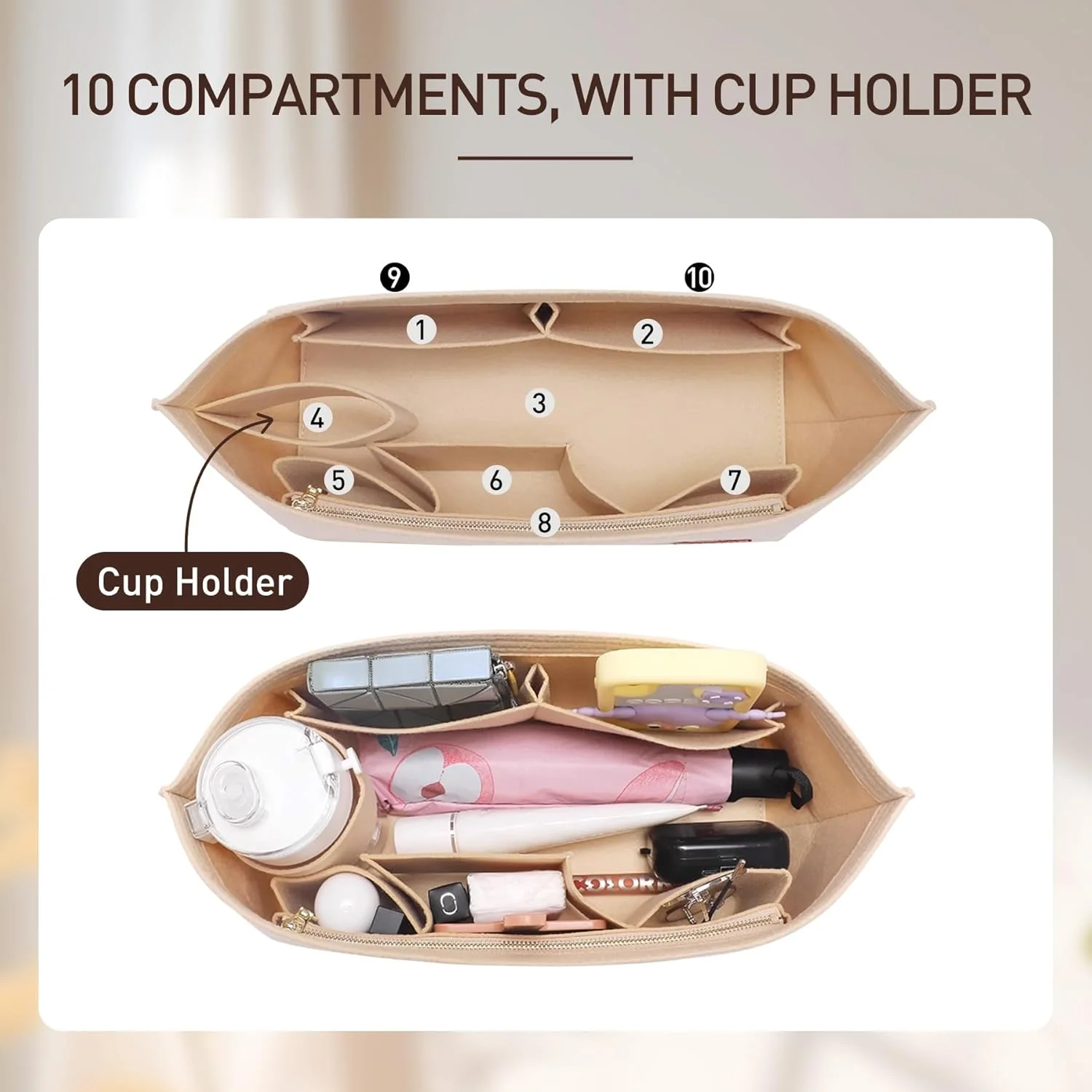Tote Bag Organizer Insert with Base Shaper,Felt Bag Organizer - Main Image