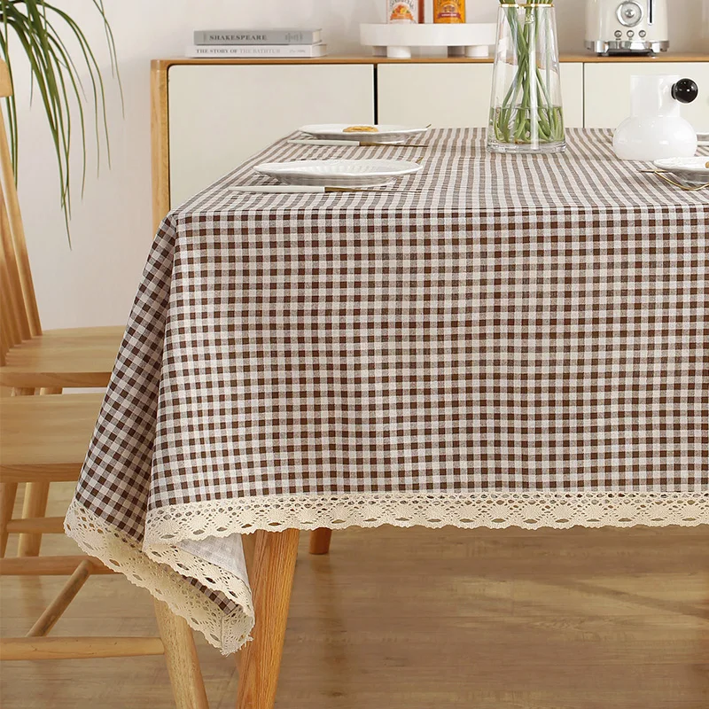 Nordic Minimalist Style Coffee Grid Tablecloth with Off-White Trim Rectangular Dining Table Cover 1