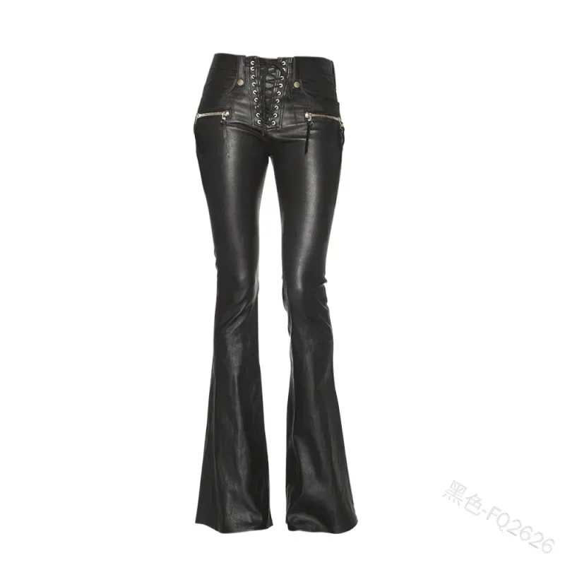 2023 New Women Leather Pants Punk Rock Sexy Bandage Motorcycle Leather Pants Tight High-waist Lace Up Bodycon Flare Trousers