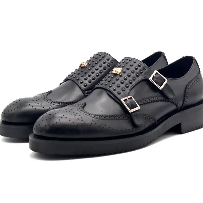 Handmade Monk Strap Rivets Black Formal Suit Dress Shoes Male Oxfords Top Quality Cow leather Men Business Shoe