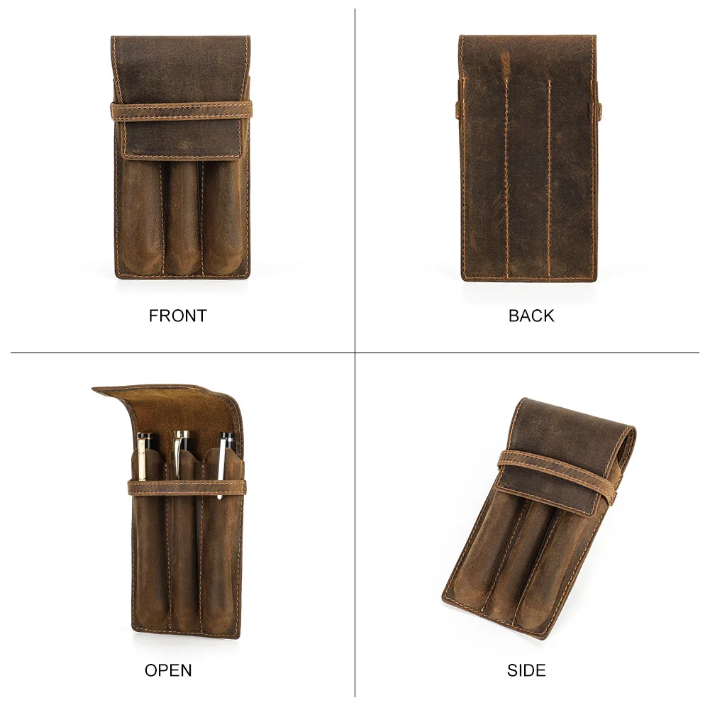 Handmade Crazy Horse Leather 1/2/3 Slots Pen Case Organizer Pocket Pen Holder Case for Adult Office School Vintage Retro Style