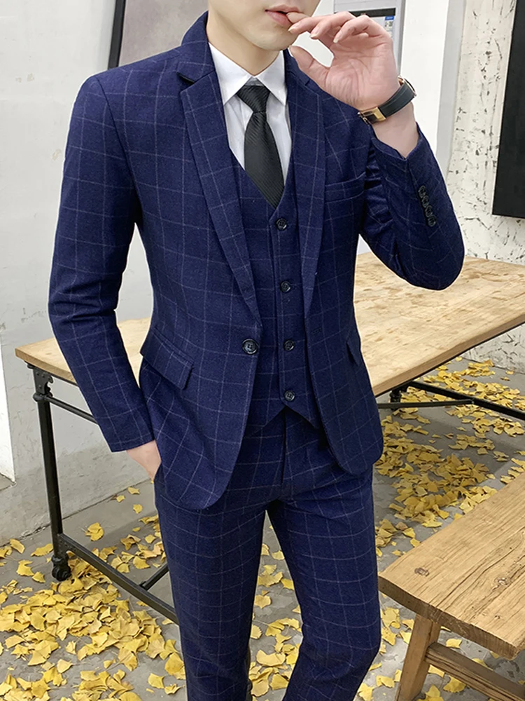 

(Blazer+Pants+Vest) Classic Plaid Men Suits Slim Wedding Groom Wear Male Business Casual 3 Pcs Suit Trousers Gentlemen Costume
