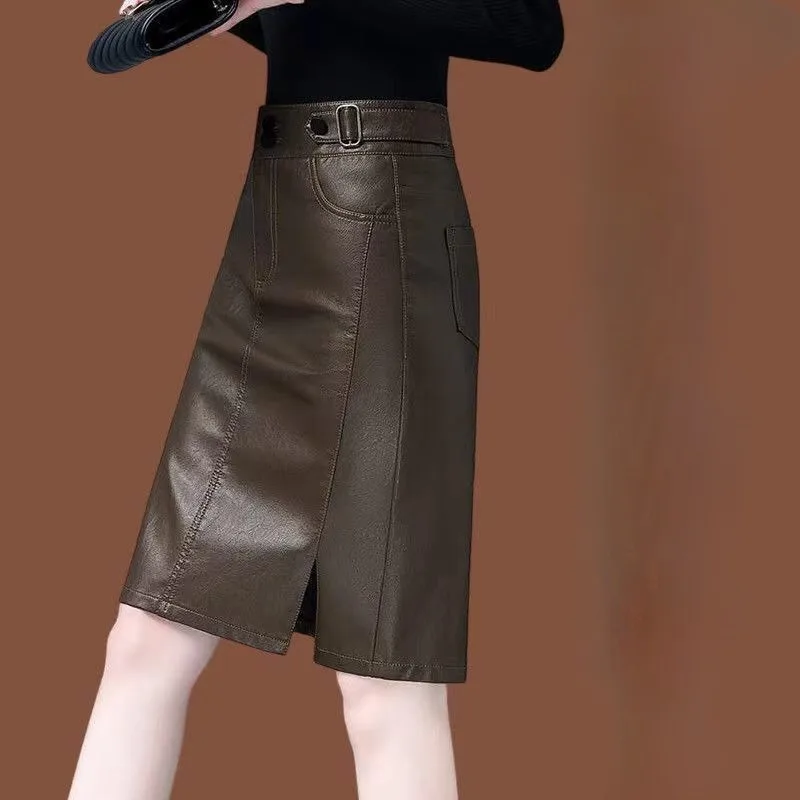 PU Leather Skirt for Women, Mid-Length Bag Hip Skirt, High Waist, Slim Fit, Fashion A-line, Monochromatic, Autumn, New