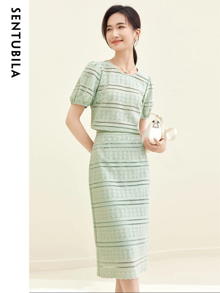 

SENTUBILA Summer Outfits for Women 2024 Hollow Embroidery Two Piece Set Short Sleeve Blouse Elastic Waist Midi Skirt 132Z49777