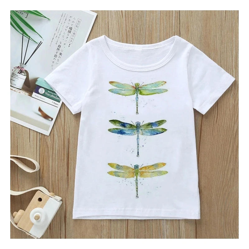 

3D printed dragonfly butterfly pattern summer boys and girls short sleeved round neck casual top T-shirt for children's wear