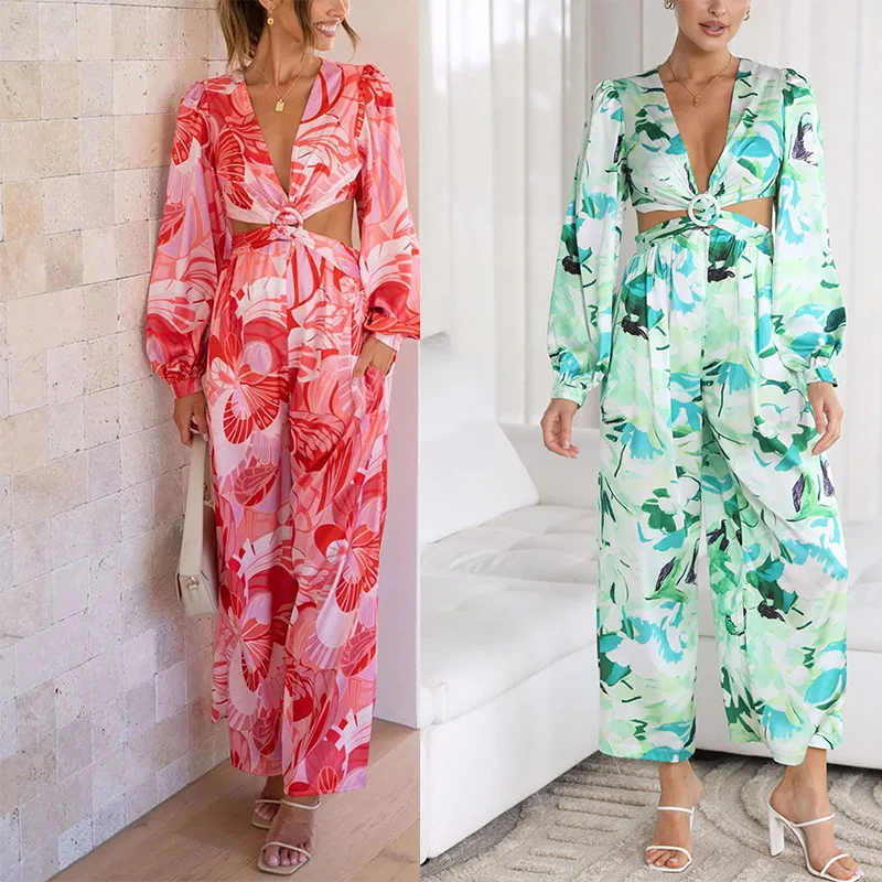

Women Short Jumpsuit Short Sleeve V Collar Hollow Print Playsuit for Party Chic Romper