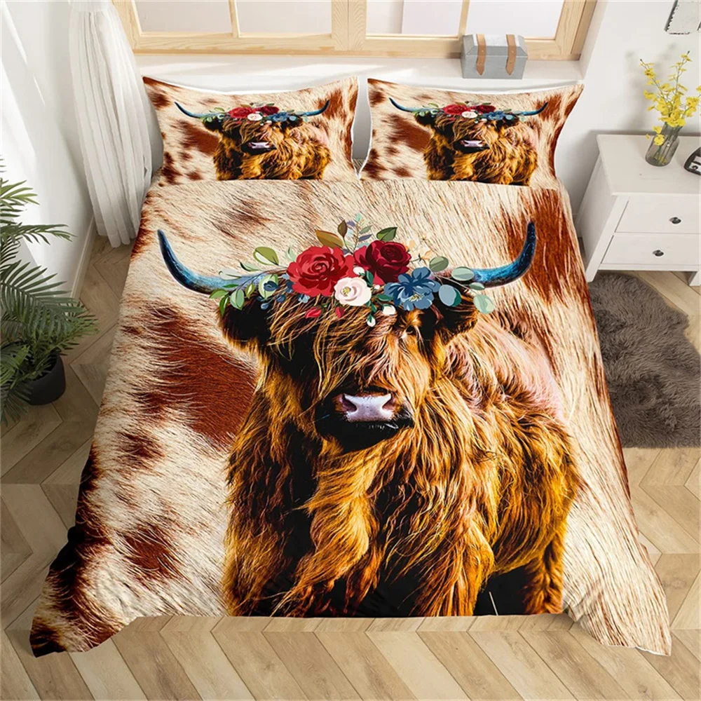 

Duvet Cover Highland Cow Microfiber Western Farmhouse Animal Bedding Set Leopard Cow Skin Fur Floral Print Comforter Cover Room