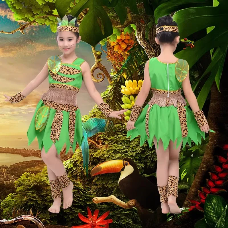 African Dress Children Costume Green Children's Wear Plays Out Costume Tage Costume African Dance Indian Savage Hunter Show Dance-BC9886
