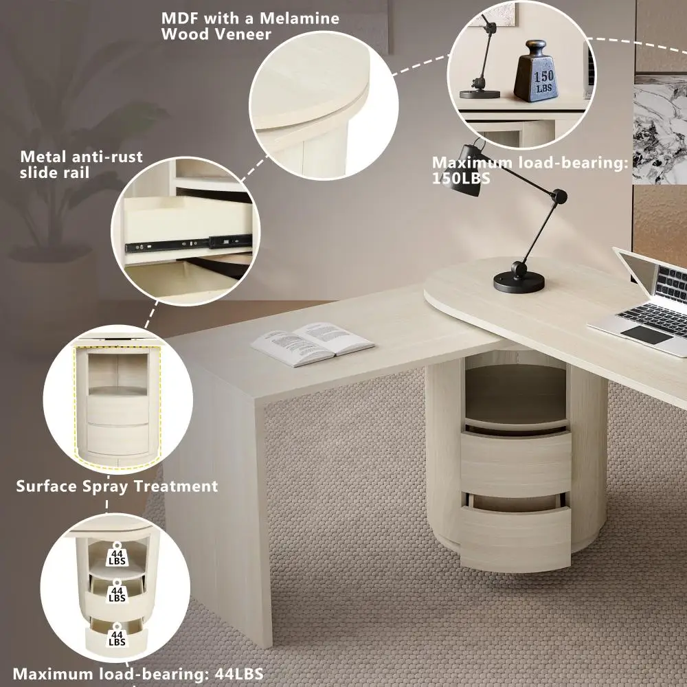 L Shaped Desk with Storage Shelves, 360° Wood Rotating Desk with 2 Drawers and Open Storage, Executive Office Desk 3