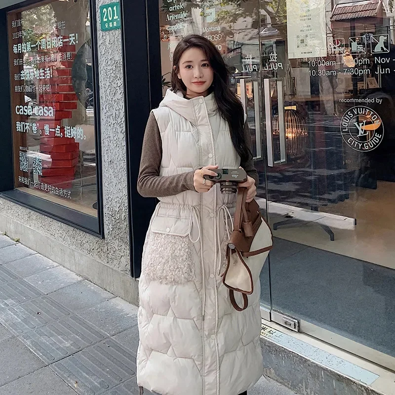 

2023 New Women's Sleeveless Vest Long Down Jacket Korea Hooded Padded Vests Loose Females Ladies Fashion Casual Autumn Coat