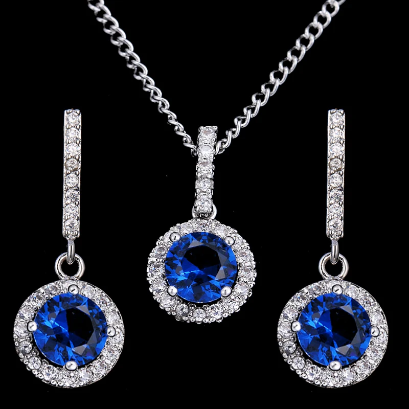

JMK Blue Gemstone Jewelry Sets Women Round AAA Cubic Zircon Dangle Earrings Necklace Sets Bridal Wedding Free Shipping