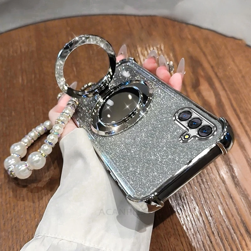Glitter Mirror Holder Bracelet Chain Soft Shockproof Back Cover Case