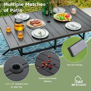 8 Piece Outdoor Dining Set, Large Metal Table with 6 PE Rattan Dining Chairs, Patio Table and Chair Set for Garden or Yard 1