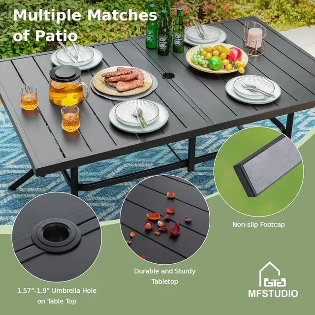 Set da pranzo per esterni da 8 pezzi, grande tavolo in metallo con 6 sedie da pranzo in rattan PE, tavolo da patio e set di sedie per giardino o cortile 1