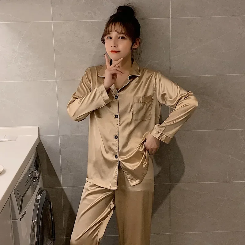 2023 Long Button-Down Pyjamas Suit Solid Color Sleepwear Silk Satin Homewear Couple Set Women Men Loungewear Plus Size Nightwear