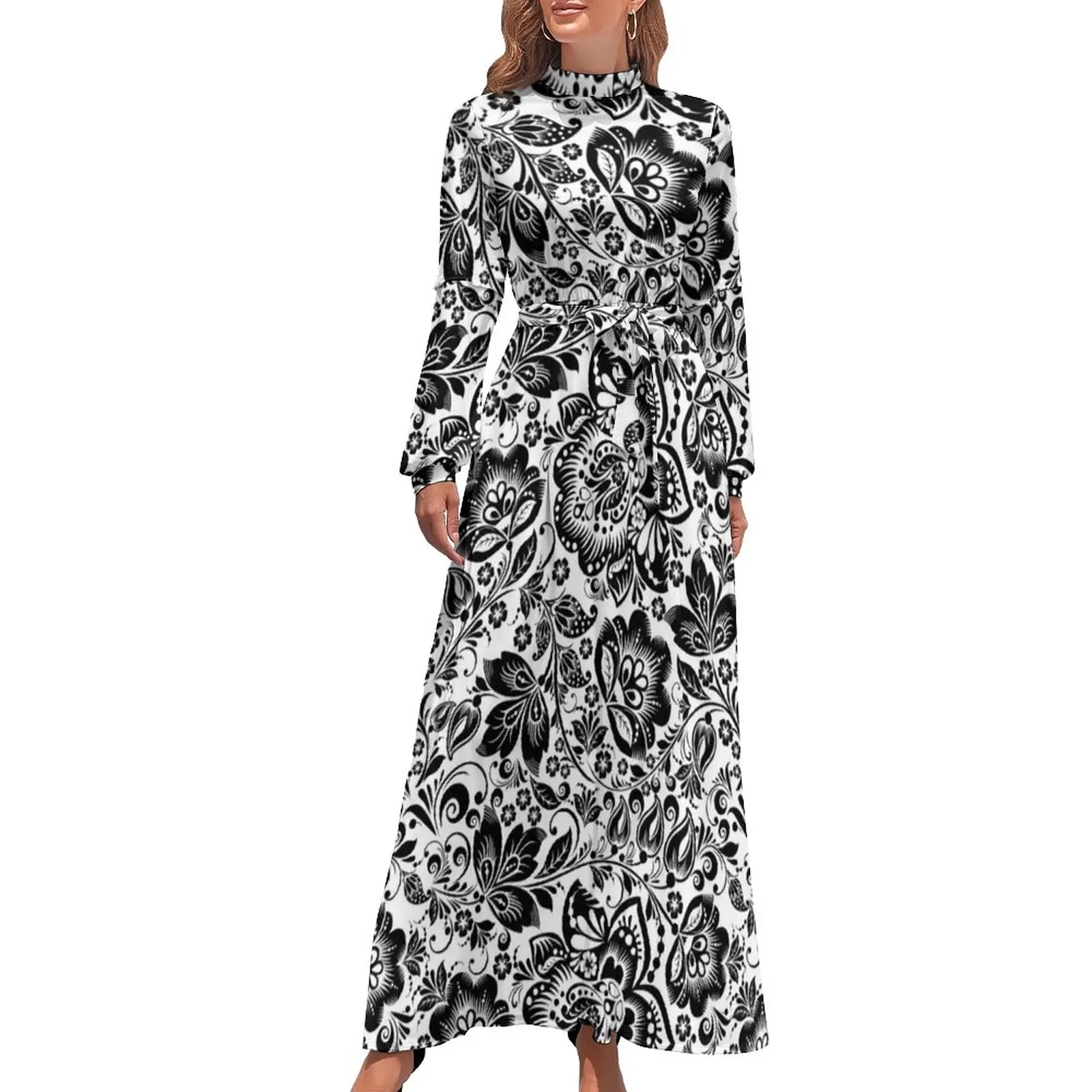 

White Baroque Floral Dress Retro Flowers Print Kawaii Graphic Maxi Dress High Neck Long Sleeve Street Style Beach Long Dresses