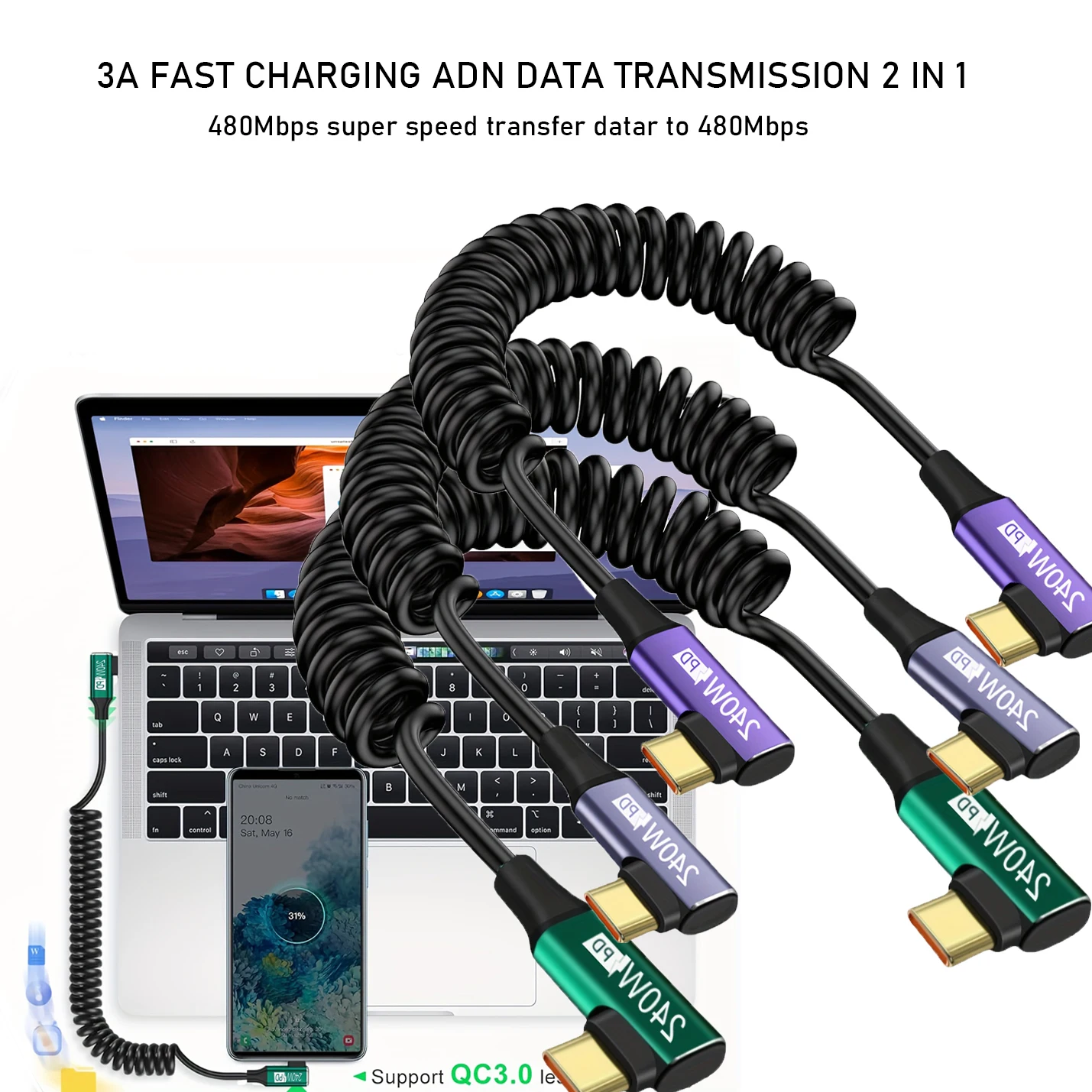 240W PD 코일 스프링 타입-C 케이블 90도 엘보 접이식 고속 충전 케이블 (차량용, 게임용, 휴대폰, 노트북용)