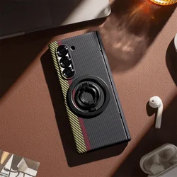 Carbon Fiber Magnetic Phone Case with Ring Holder Kickstand - Slim Ultra Shockproof Cover for Galaxy Z Fold4 (Black)