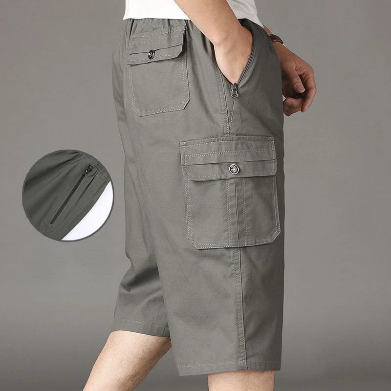 Men's Summer Shorts Cargo Pants Thin Cotton Middle-aged Casual Large Size Knee Length Multi-pocket Zipper Elastic Waist Shorts