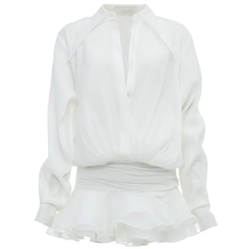 Fashion White Ruffled Mini Dress For Women Cardigan Patchwork See-Through Long Sleeve Sexy Night Club Party Dress Women's