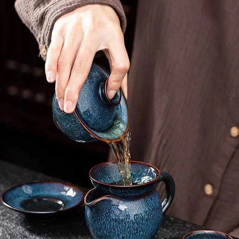 Blue star glaze gaiwan tea set cover bowl tea cups Chinese porcelain with lid hand-drawn lotus