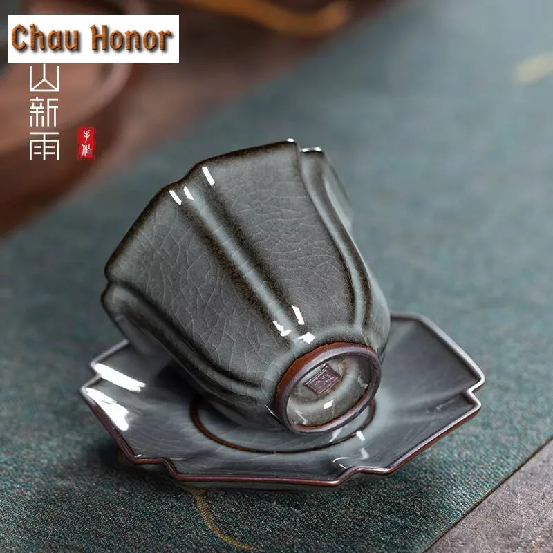 80ml Handmade Longquan Celadon Teacup Creative Hexagonal Palace Lamp Chazhan Iron Tyre Master Cup with Saucer Set Teaware Gifts