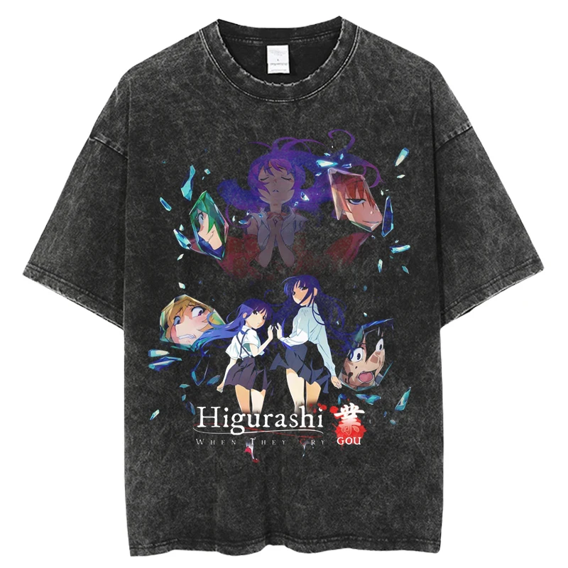 

Japanese Anime Higurashi T-Shirt Vintage Washed Fashion Hip Hop O-Neck Cotton Short Sleeve Unisex T-Shirt