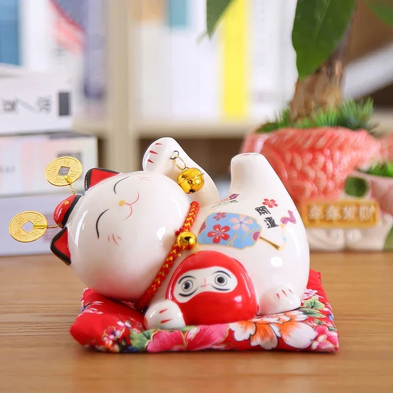 

6 inch Maneki Neko Ceramic Lucky Cat Home Decor Porcelain Ornaments Cute Fortune Cat Money Box Fengshui Crafts