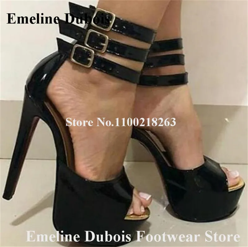 

Black High Platform Pumps Emeline Dubois Peep Toe Patent Leather Stiletto Heel Dress Shoes Ankle Straps Buckles High Heels