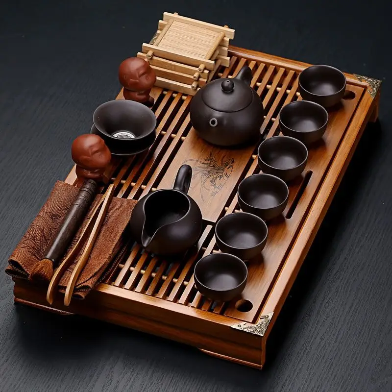 Purple Clay Chinese Tea Cup Sets Porcelain Vintage Simple Solid Wood Small Tea Tray 19 pcs Suit Chinese Ceremony